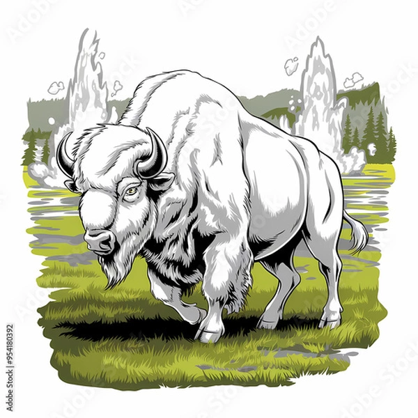 Fototapeta Bison roaming through Yellowstone with geysers, Fantasy illustration, contour, isolated in white background