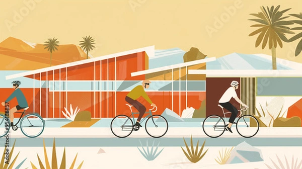 Fototapeta Midcentury Modern Home with Cyclists