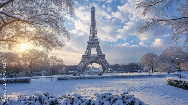 Fototapeta The Eiffel Tower in winter, with snow gently covering its structure and the surrounding park