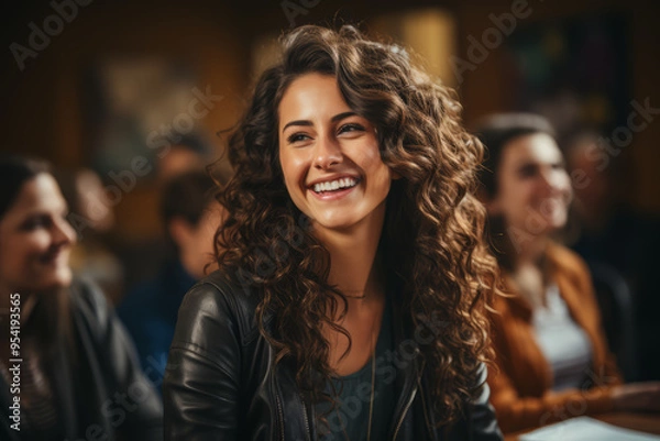 Fototapeta A teacher with shiny, black hair engaging their students in a lively classroom discussion. Concept of education and passion. Generative Ai.