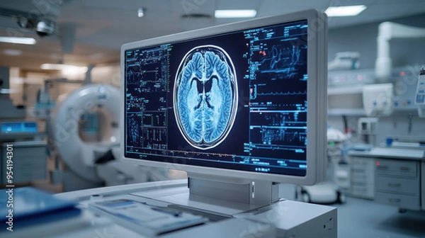 Fototapeta A detailed MRI scan displayed on monitor in medical facility, showcasing brain imaging and diagnostic data. environment is clinical and high tech, emphasizing advanced medical technology.