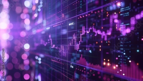 Fototapeta Economic policy signs with regulation icons, purple background, 3D Blender Style, close-up, Studio lighting, positive trend indicators