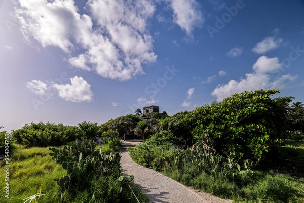 Fototapeta Tulum Ruins and Palm Tree, Tulum beach, Mayan ruins of Tulum at tropical coast. God of Winds Temple at paradise beach. Mayan ruins of Tulum, Quintana Roo, Mexico.