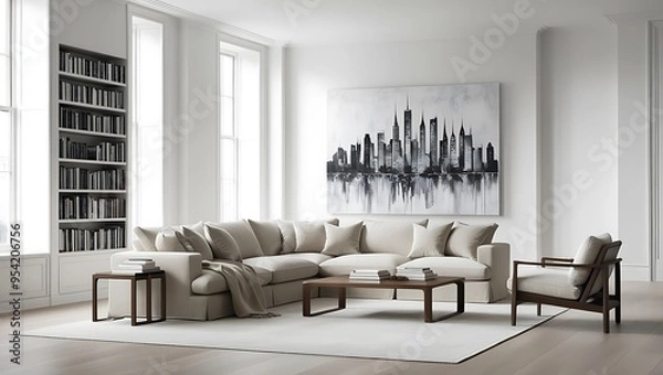 Fototapeta A spacious and bright living room with tall windows letting in natural light, showcasing a minimalist design