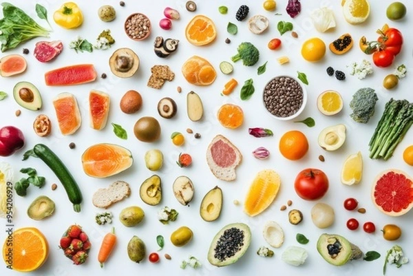 Fototapeta Many different healthy food on white table, flat lay , ai