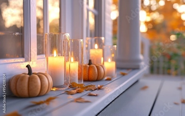 Obraz a cozy porch decorated with small pumpkins and lit candles in glass holders, set against a simple white background