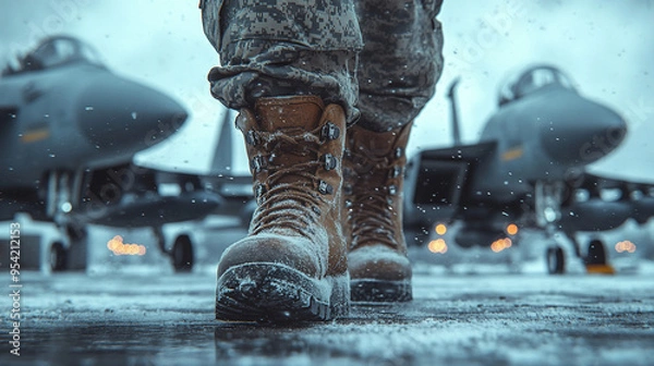 Fototapeta military pilot walking towards jet airplanes