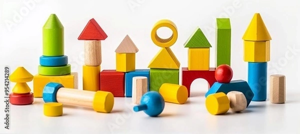 Fototapeta children's wooden multi-colored construction set with different shapes on a white background