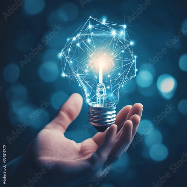 Fototapeta Hand holding a light bulb with a glowing effect and a network connection on a blue background.
