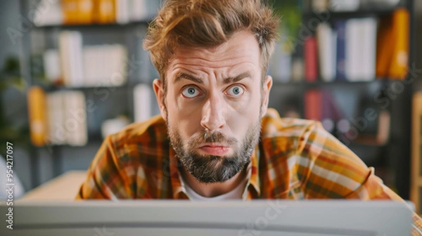 Fototapeta Portrait of confused man looking at computer screen. Puzzled employee, office worker, student or hipster feeling dumb and stupid trying to understand hard complicated stuff or fix PC software