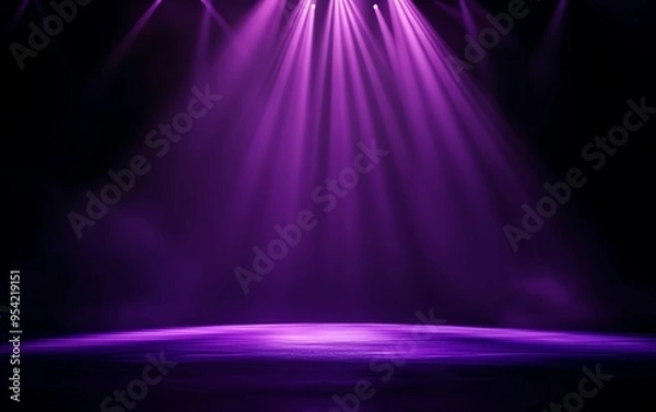 Fototapeta Vibrant purple stage lights illuminating a dark space, creating a dramatic atmosphere for performances and events.