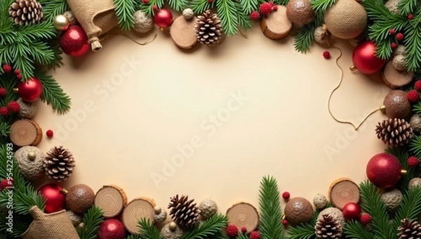 Fototapeta Rustic Christmas Sale frame design with Copy Space, rustic wooden, pine cones, with a blank center area for sale details or promotional messages or product presentation.