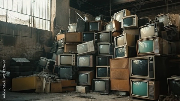 Fototapeta A chaotic stack of old-fashioned, boxy TV sets, some with static screens, in a dusty, abandoned warehouse.