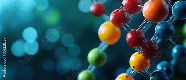 Fototapeta Close-up of colorful atoms showcasing molecular structure in a vibrant scientific background. Perfect for educational and research themes.