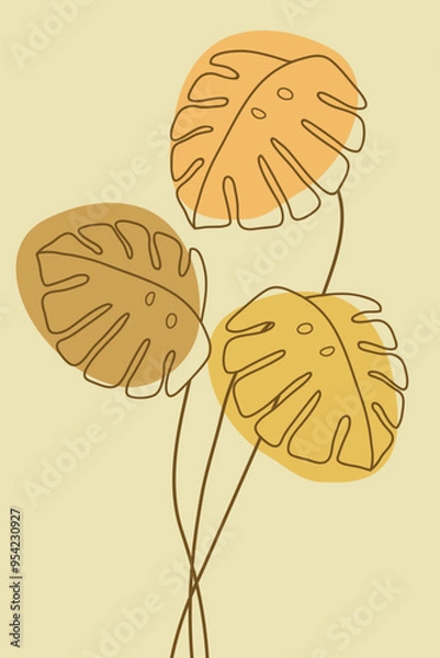 Fototapeta Line drawing of leaf monstera Modern boho single line art.Vector illustration