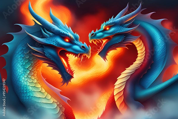 Obraz Two blue dragons are fighting.
