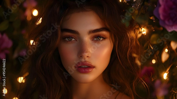 Fototapeta Portrait of a young woman with soft, warm light and flowers.