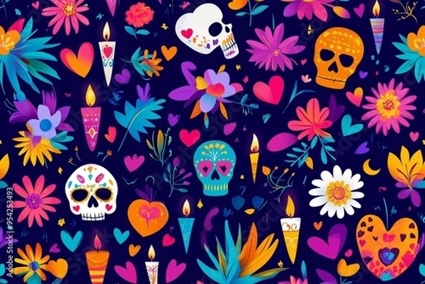 Fototapeta Dia de los Muertos or Day of Dead holiday. Traditional seamless pattern with skull, flowers, candles.