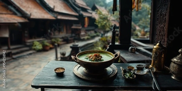 Fototapeta Thai Green Curry in Traditional Setting with Carved Wooden Decor