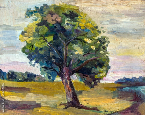 Obraz An oil painting on canvas of a seasonal autumn rural landscape with colorful old pear tree, growing alone on a bright sunny meadow near the forest.