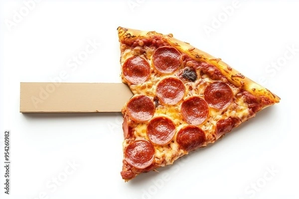Fototapeta Pizza Pointer: A slice of pepperoni pizza transformed into an arrow, pointing towards a blank cardboard sign. This playful image is perfect for food blogs, restaurants, or any project needing a unique