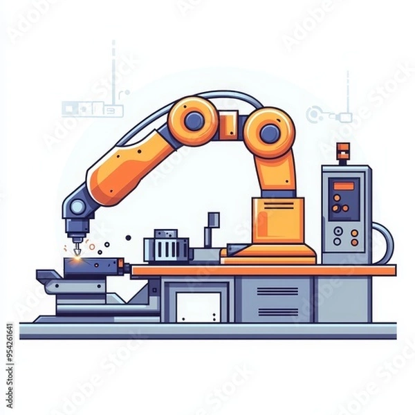 Obraz Modern Industrial Robotic Arms isometric 3d illustration at assembling process