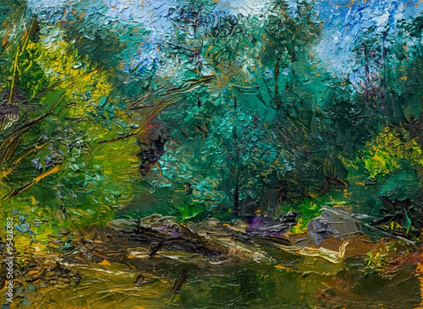 Obraz Beautiful Original Oil Painting with enchanting landscape, river reeds trees, impressionism style green light green and pink colors