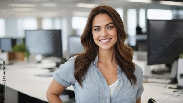 Fototapeta オフィスに立つ幸せそうな女性デザイナーが放つクリエイティブな雰囲気と魅力