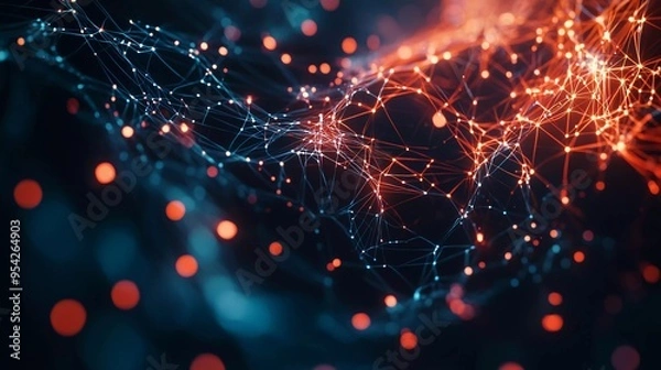 Fototapeta Cyber ​​big data flow. Blockchain data fields. Network line connect stream. Concept of AI technology, digital communication, science research, nice 3D illustration of neural cells