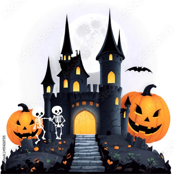 Fototapeta A charming digital painting with a Halloween theme, featuring mysterious castles, full moons, pumpkins, black cats, bats, ghosts, and skeletons. Perfectly capturing the festive mood, this artwork is i