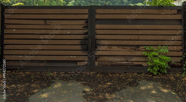 Fototapeta An old weathered wooden garage  entrance gate with fallen rotting leaves in the foreground.  