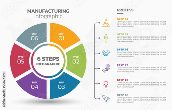 Obraz Visual data presentation. Cycle diagram with 6 options. Pie Chart Circle infographic template with 6 steps, options, parts, segments. Business concept. Marketing infographic vector illustration.