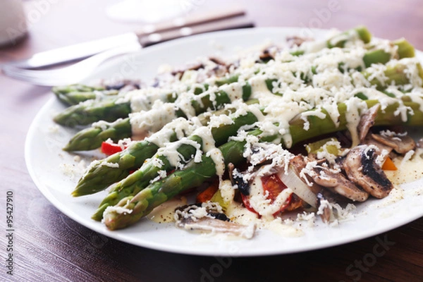 Fototapeta Delicious vegetables dish on served wooden table, close up