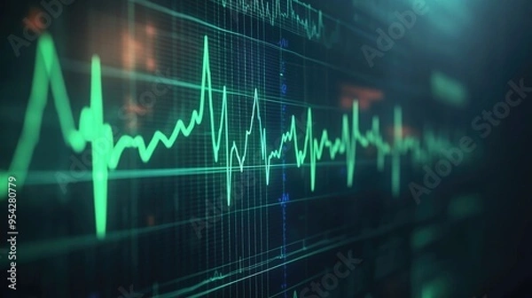 Fototapeta Macro image of an ECG monitor screen displaying heart rhythms, with the green line glowing against a dark background, no people