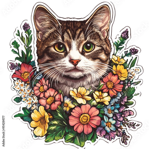 Fototapeta This picture is a drawing of a cat with brown and white striped fur. The cat's face looked serious but contained a calm expression. Has clear green eyes The cat was surrounded by beautifully blooming 