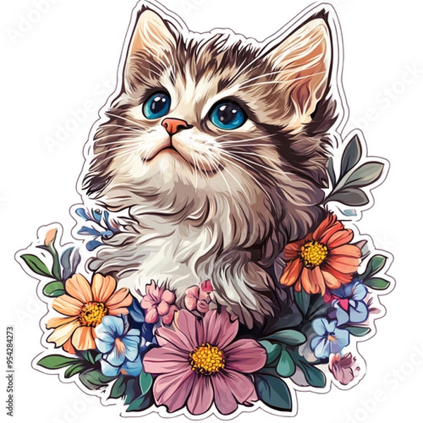 Fototapeta This picture is a drawing of a cat with brown and white striped fur. The cat's face looked serious but contained a calm expression. Has clear green eyes The cat was surrounded by beautifully blooming 