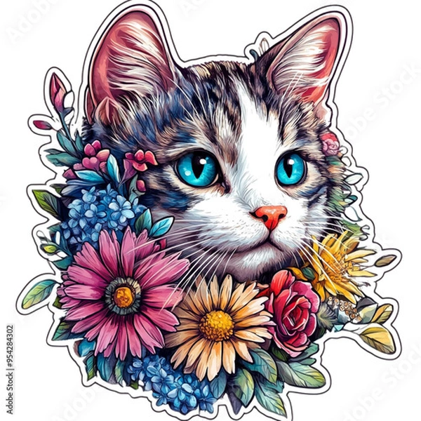 Fototapeta This picture is a drawing of a cat with brown and white striped fur. The cat's face looked serious but contained a calm expression. Has clear green eyes The cat was surrounded by beautifully blooming 