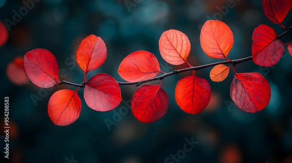 Fototapeta Red Autumn Leaves Branch Closeup