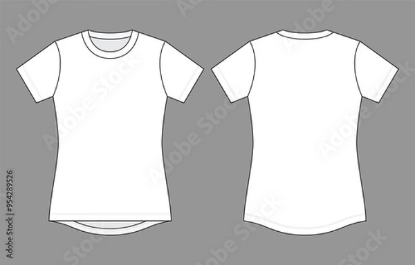 Obraz Women's Blank White Short Sleeve T-Shirt with Curve Hem Long in Back, Short in Front Template on Gray Background, Vector File.