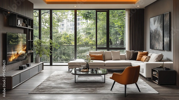 Fototapeta Modern living room interior design with a large sectional sofa, coffee table, TV, and large windows overlooking a lush green garden.