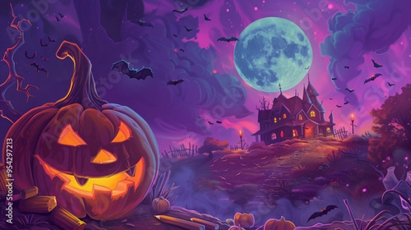 Fototapeta Colorful Halloween night with glowing jack-o'-lanterns, haunted castle, and vibrant sky