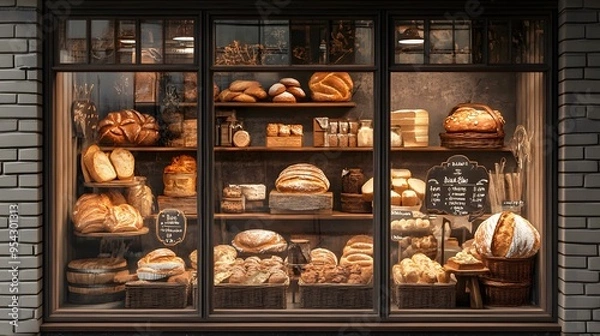 Fototapeta A vintage bakery window with 3D-rendered organic bread and pastries arranged beautifully