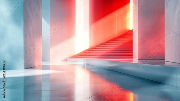 Fototapeta Red Staircase and Blue Floor in a Minimalist Architecture