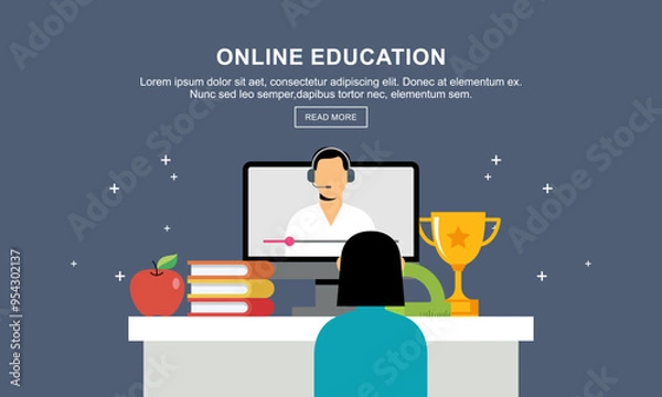 Fototapeta Flat education, distance tutor, mobile education, e-learning concept. Vector icon banners template