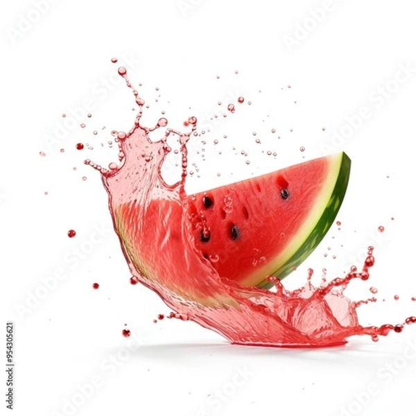 Fototapeta Falling on watermelon slice with watermelon juice splash isolated on a white background