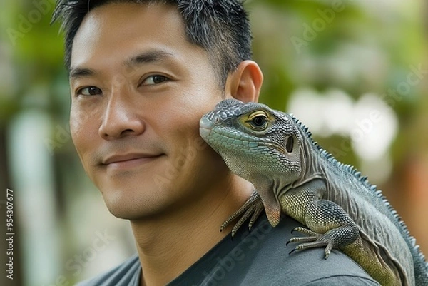 Fototapeta A man smiles with an iguana resting on his shoulder, showcasing a unique bond between humans and reptiles in a natural setting.