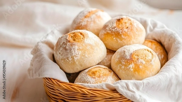 Fototapeta Artisanal Bread Rolls in a Rustic Basket with Soft Fabric Napkin