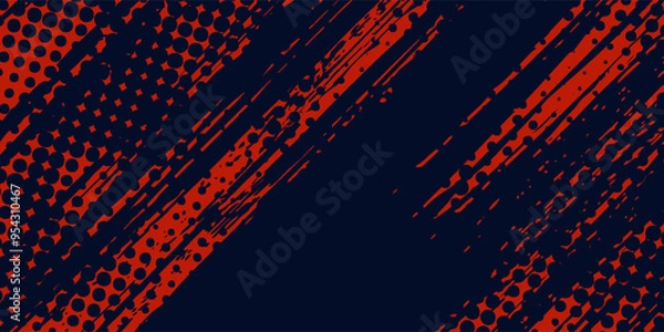 Fototapeta Red halftone dots blue color pattern gradient grunge texture background. Dot pop art comic sport style black and red modern grunge