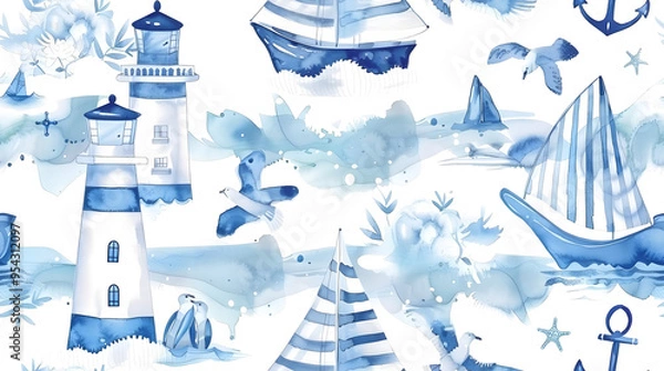 Fototapeta A peaceful seamless nautical pattern featuring lighthouses, sailboats, seagulls, and anchors in soothing blue tones, ideal for marine-themed designs, textiles, and decor.