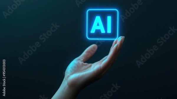 Fototapeta A hand holding a blue square with the letters AI on it